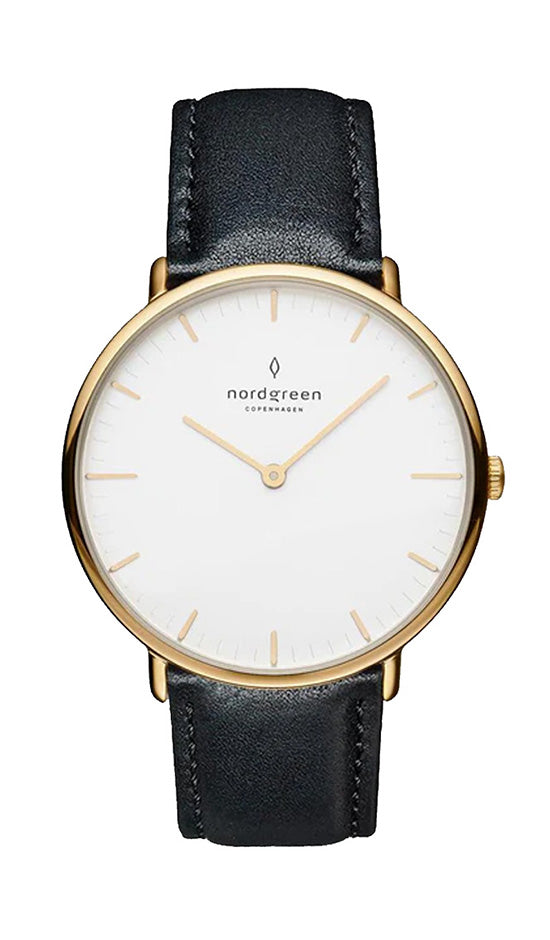 Nordgreen Native 36mm Yellow Gold Case Black Leather Strap Watch