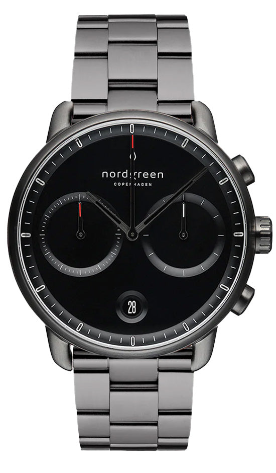 Nordgreen Pioneer 42mm Black Chronograph with Gun Metal Strap Watch