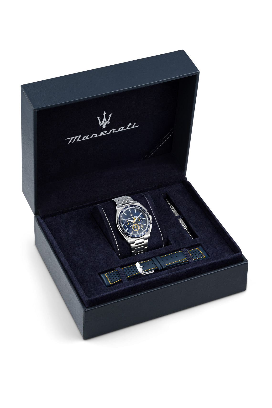 Maserati Velocita 43mm Chrono Blue Dial Stainless Steel Strap and Blue Leather Strap Watch