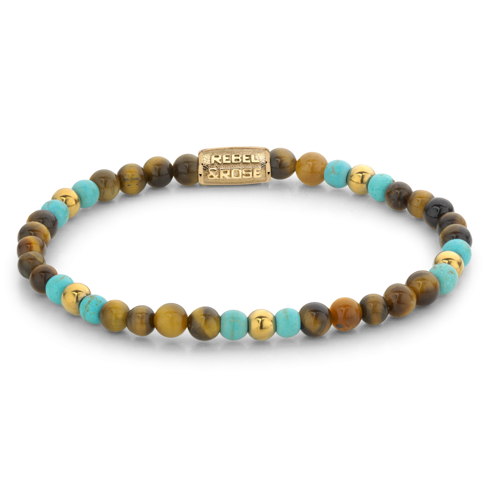 Rebel and Rose Mix Tiger Turquoise Yellow Gold Plated 4mm Bracelet