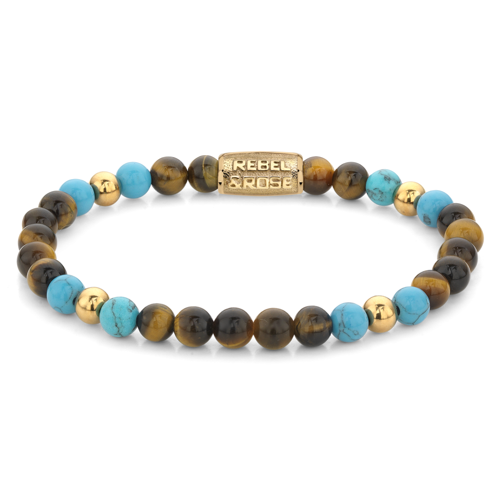 Rebel and Rose Mix Tiger Turquoise 6mm - 18ct Yellow Gold Plated Bracelet