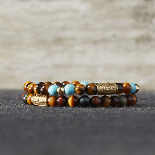 Rebel and Rose Mix Tiger Turquoise 6mm - 18ct Yellow Gold Plated Bracelet