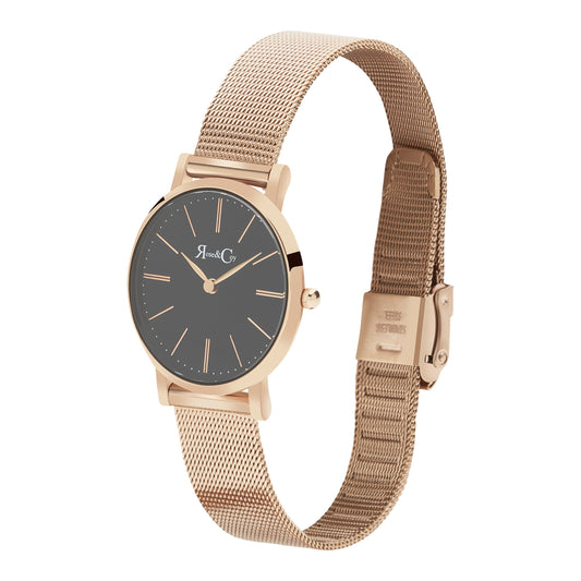 Rose & Coy Petite Pinnacle Ultra Slim 30mm Rose Gold Black Dial | Mesh Strap Watch