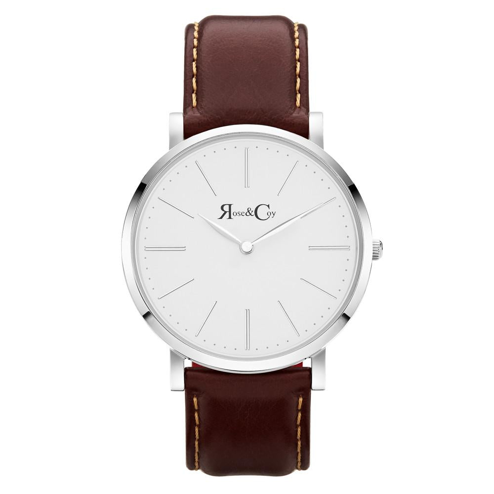 Rose & Coy Pinnacle Ultra Slim 40mm Silver | Dark Brown Leather Watch