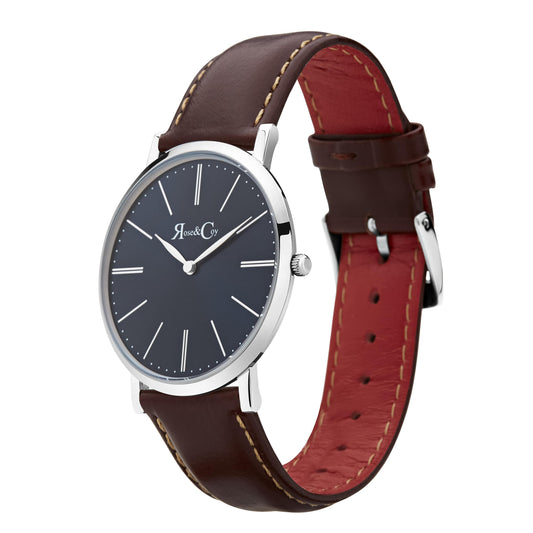 Rose & Coy Pinnacle Ultra Slim 40mm Silver | Dark Brown Leather | Blue Sunray Dial Watch