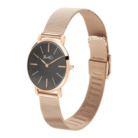 Rose & Coy Mini Pinnacle Ultra Slim 34mm Rose Gold Black Dial | Mesh Strap Watch