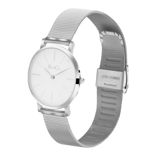 Rose & Coy Mini Pinnacle Ultra Slim 34mm Silver | Mesh Strap Watch