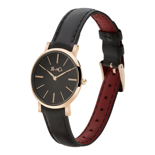 Rose & Coy Petite Pinnacle Ultra Slim 30mm Rose Gold | Black Leather | Black Dial Watch