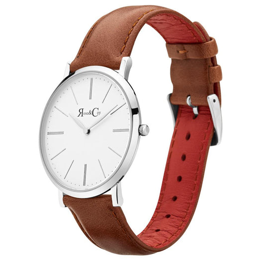 Rose & Coy Pinnacle Ultra Slim 40mm Silver | Brown Leather Watch