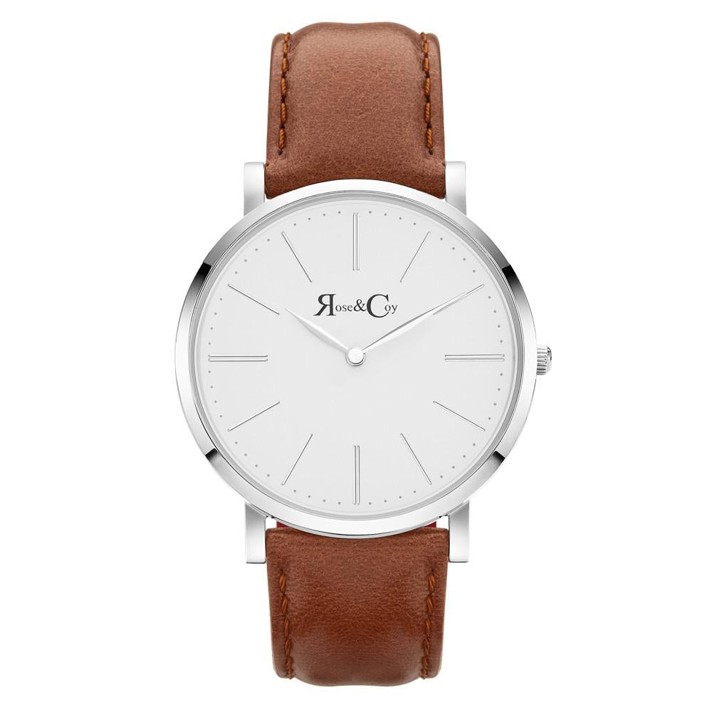 Rose & Coy Pinnacle Ultra Slim 40mm Silver | Brown Leather Watch