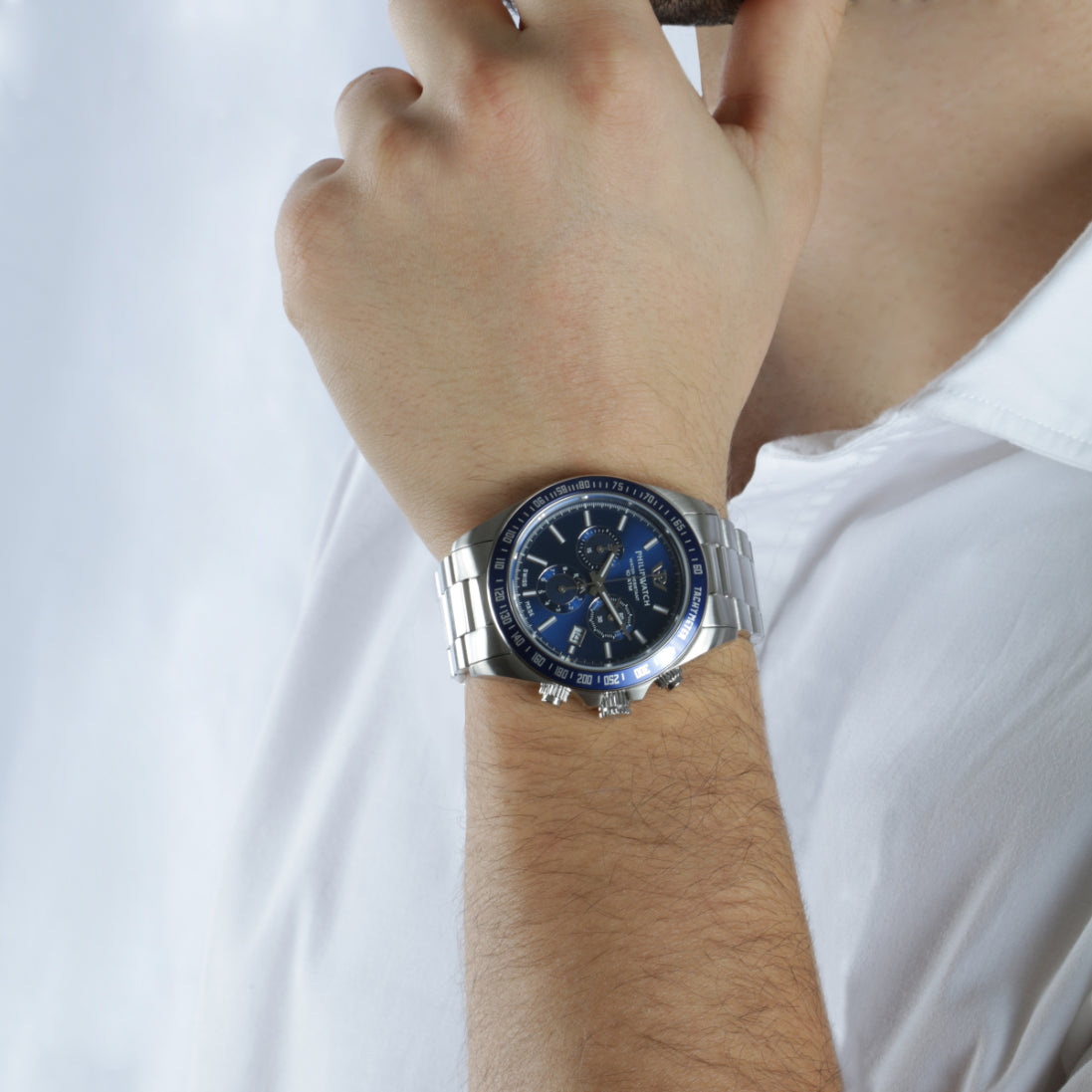 Philip Caribe Swiss Made Blue Sunray Silver Bracelet Chronograph