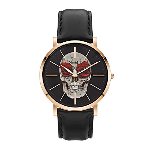 Rose & Coy Women's Quartz Art Series Skull and Rose Ultra Slim 40mm Rose Gold Watch analog Display and Leather Strap
