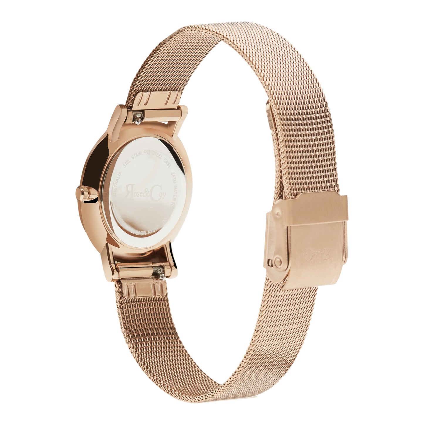 Rose & Coy Petite Pinnacle Ultra Slim 30mm Rose Gold Black Dial | Mesh Strap Watch