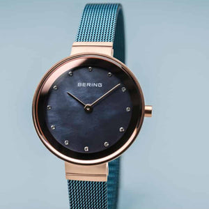 Bering Classic 28mm Rose Gold Blue Milanese Strap Watch