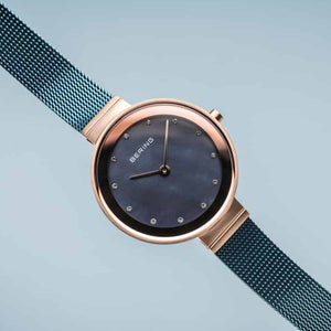 Bering Classic 28mm Rose Gold Blue Milanese Strap Watch