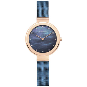 Bering Classic 28mm Rose Gold Blue Milanese Strap Watch