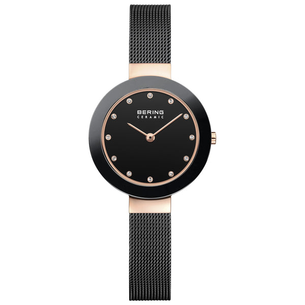 Bering Ceramic Polished Rose Gold Black Mesh Watch