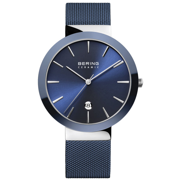 Bering Ceramic Polished Silver Navy Blue Watch