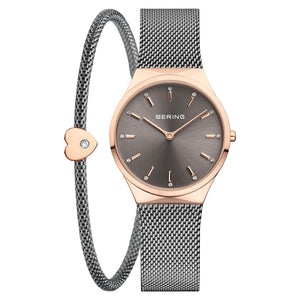 Bering Gift Set 35mm Rose Gold Grey Milanese Strap with Matching Bracelet Watch