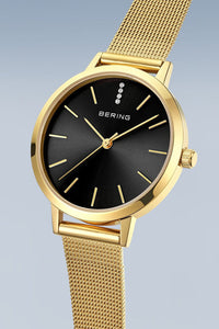 Bering Classic Ladies 34mm Round Gold Case Gold Mesh Strap Watch