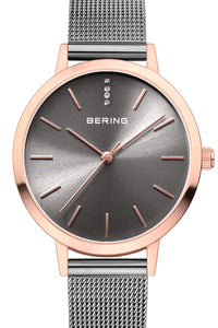 Bering Classic Ladies 34mm Round Rose Gold Case Gold Mesh Strap Watch