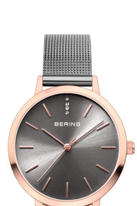 Bering Classic Ladies 34mm Round Rose Gold Case Gold Mesh Strap Watch