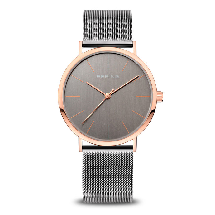 Bering Classic Polished Rose Gold Grey Mesh Watch