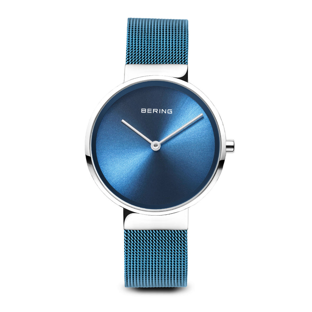 Bering Classic Polished Silver Blue Mesh Watch