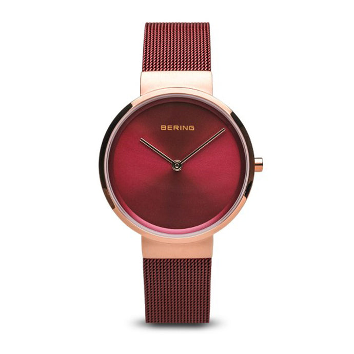 Bering Classic Brushed Rose Gold Red Mesh Watch