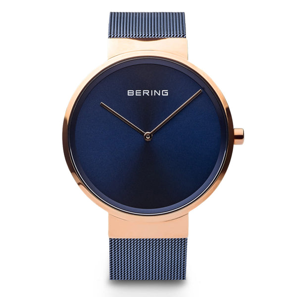 Bering Classic Polished Rose Gold 39mm Blue Mesh Watch