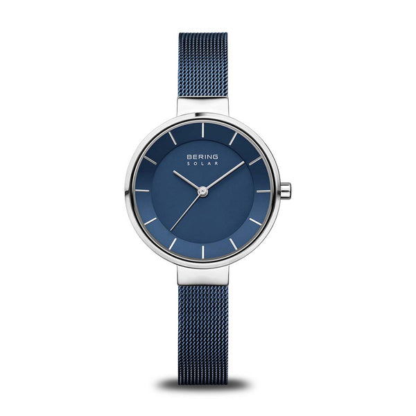 Bering Solar 31mm Silver Blue Milanese Strap Watch