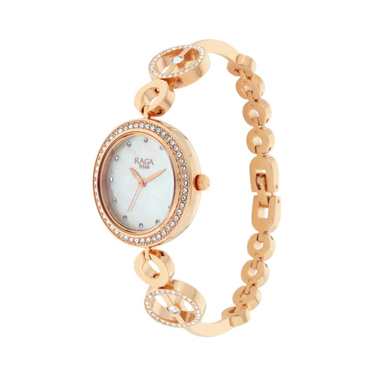 Titan Raga Mother of Pearl Dial Women Rose Gold Pearl Case Watch With Metal Strap for Women