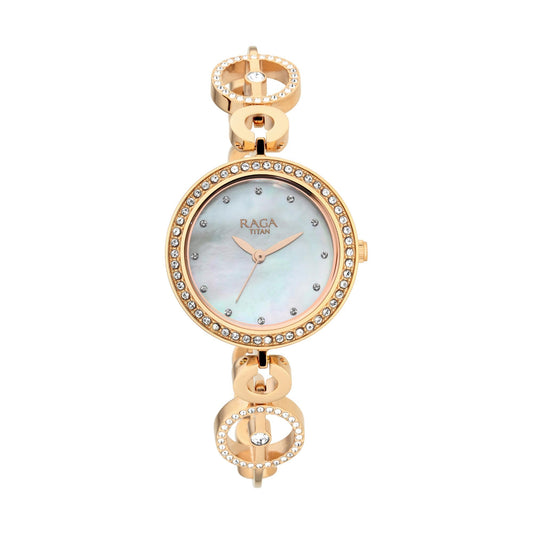 Titan Raga Mother of Pearl Dial Women Rose Gold Pearl Case Watch With Metal Strap for Women