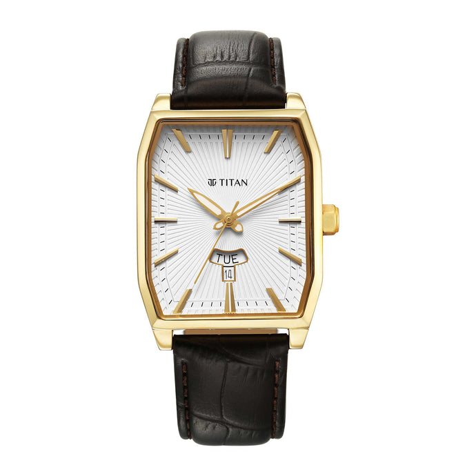 Titan Regalia Opulent White Dial Analogue with Day and Date Leather Strap Watch for Men