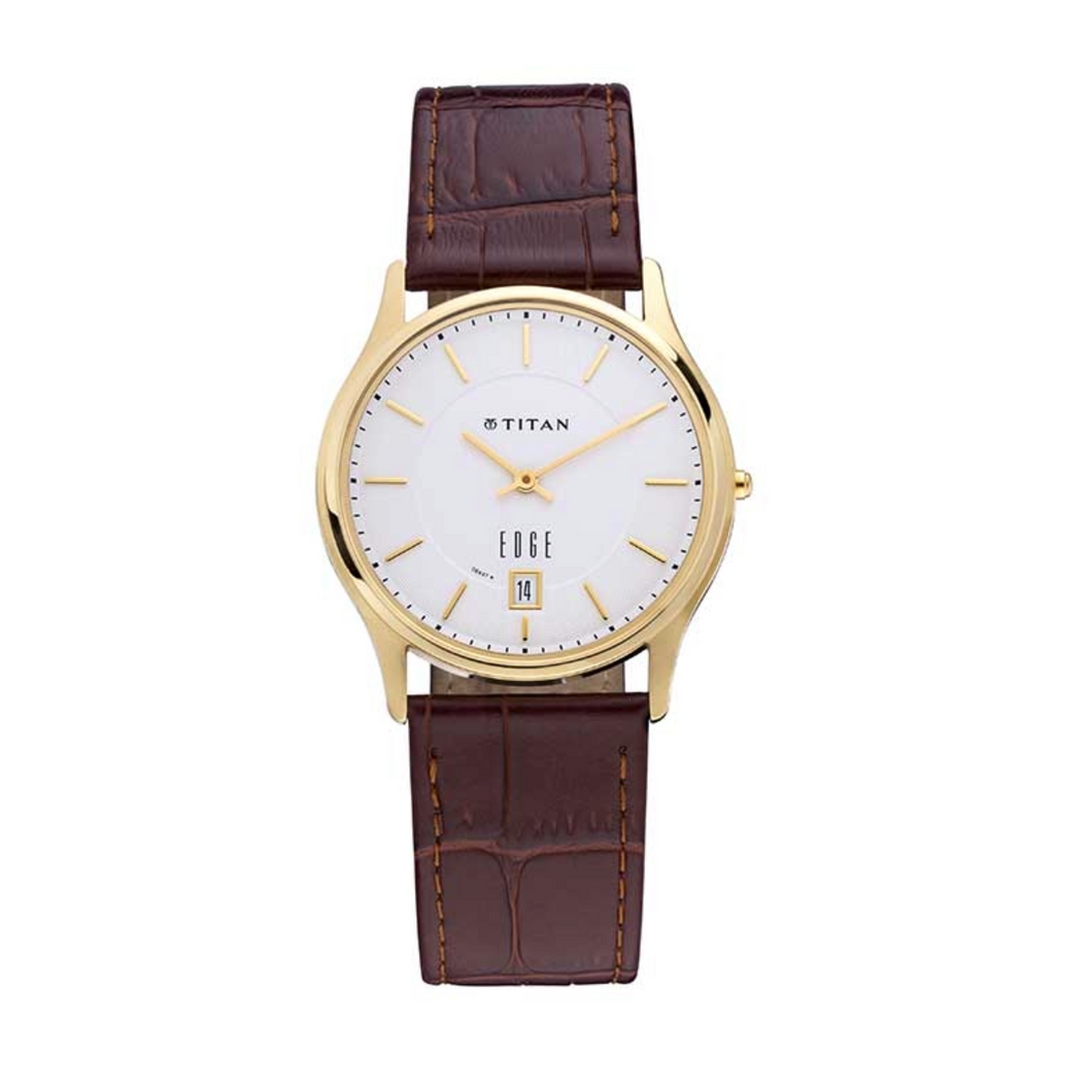 Titan Edge White Dial Analogue with Date Leather Strap Watch for Men