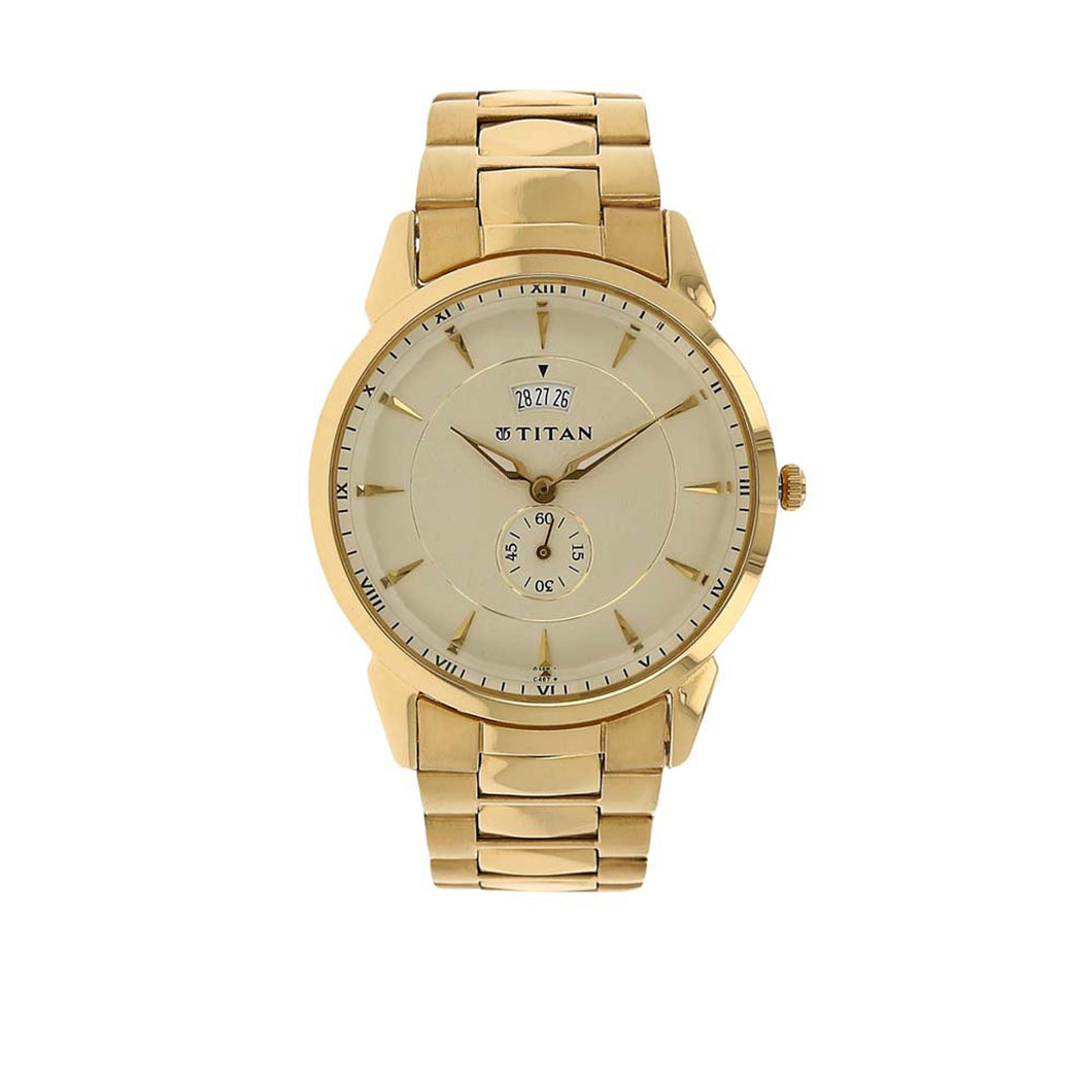 Titan Quartz Analogue with Date Champagne Dial Stainless Steel Strap Watch for Men