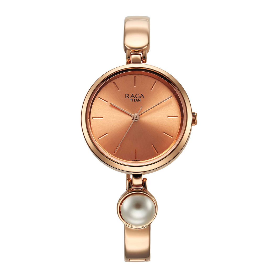 Titan Raga Power Pearls Quartz Analogue Rose Gold Dial Metal Strap with pearl Watch for Women