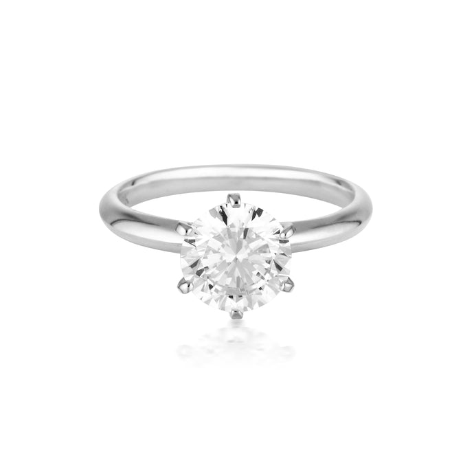 GEORGINI GOLD ROUND BRILLIANT CUT 2CT MOISSANITE SOLITAIRE WITH KNIFE EDGE BAND IN WHITE GOLD