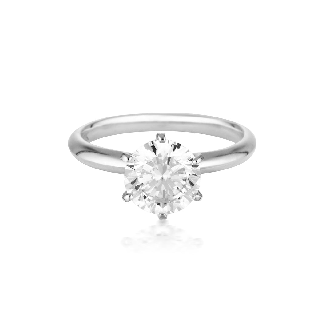 GEORGINI GOLD ROUND BRILLIANT CUT 2CT MOISSANITE SOLITAIRE WITH KNIFE EDGE BAND IN WHITE GOLD