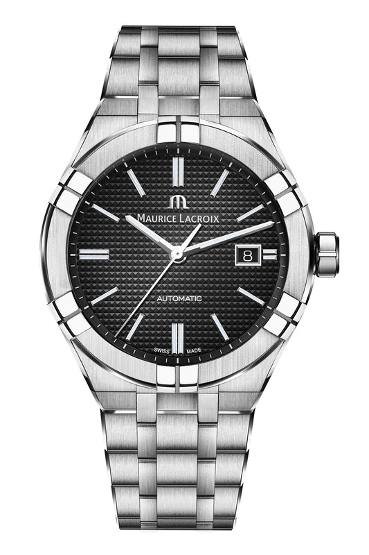 Maurice Lacroix 42mm Black Dial Easy Change Black Leather and Stainless Steel Strap Watch