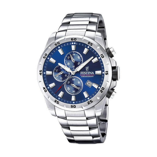 Festina Chrono Sport 45mm Blue Dial Silver Strap Watch