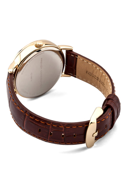 French Connection Gents 42mm White Dial Tan Leather Strap Watch