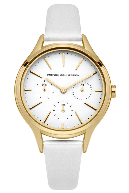 French Connection Daisy Grand 36mm White Dial White Leather Strap Watch