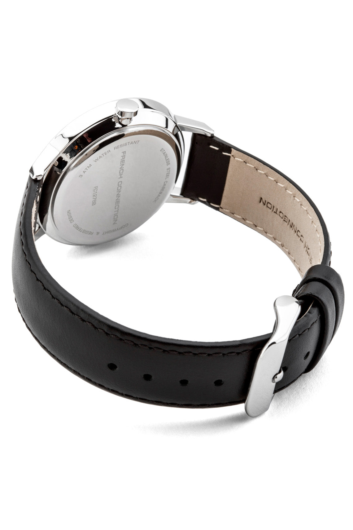 French Connection Gents 39mm White Dial Black Leather Strap Watch