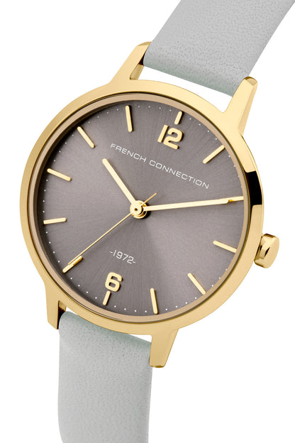 French Connection Newgate 42mm Grey Dial Grey Pearlised Leather Strap Watch
