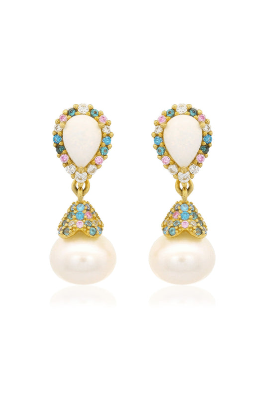 GEORGINI WISTERIA CREATED OPAL AND PEARL CASCADE EARRINGS GOLD
