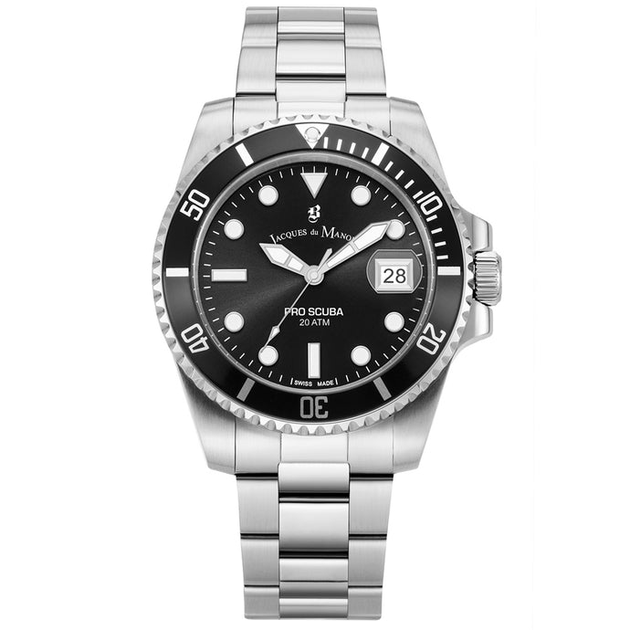 Jacques Du Manoir Swiss-Made Pro Scuba 43mm 200m Water Resistant Stainless Steel and Black Watch