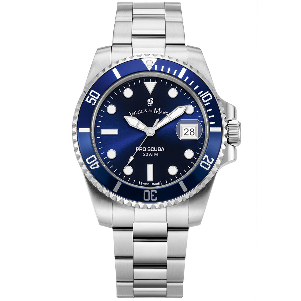 Jacques Du Manoir Swiss-Made Pro Scuba 43mm 200m Water Resistant Stainless Steel and Blue Watch