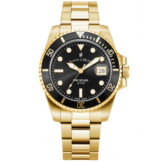 Jacques Du Manoir Swiss-Made Pro Scuba 43mm 200m Water Resistant Gold and Black Watch