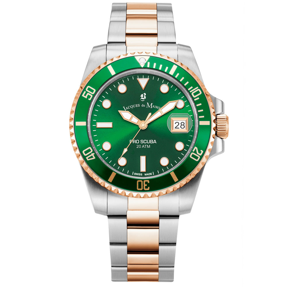 Jacques Du Manoir Swiss-Made Pro Scuba 43mm 200m Water Resistant Two Tone Green Watch